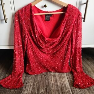 Vtg Marina by Marina Bresler Silk Beaded Embroidered Red Cowl Long Sleeve Top